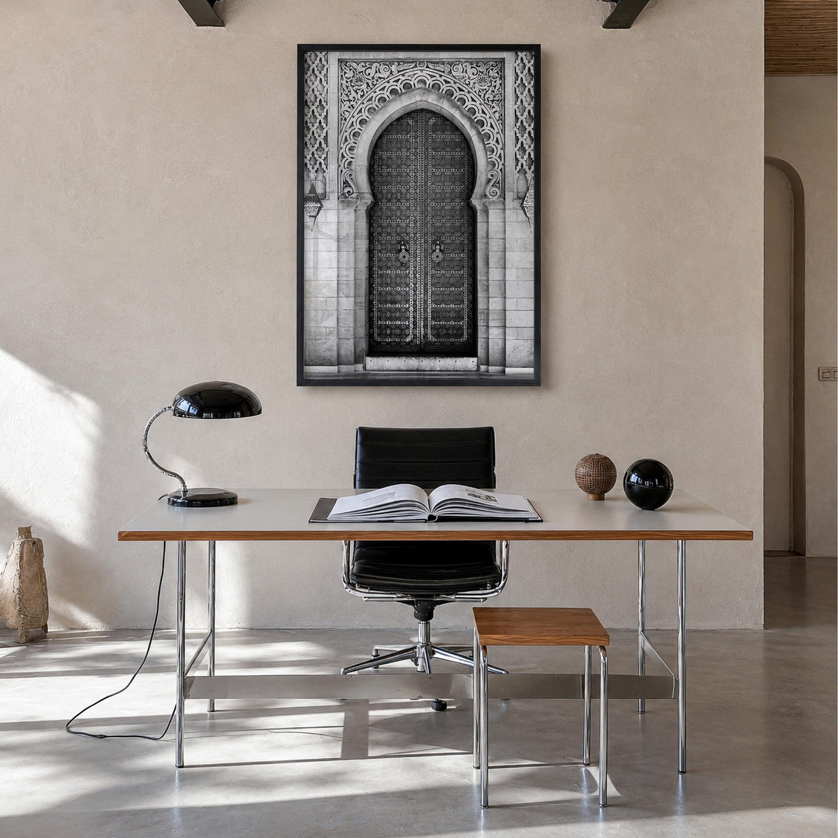 Door black & white photo poster – vertical wall art in black wood frame, hanging on wall