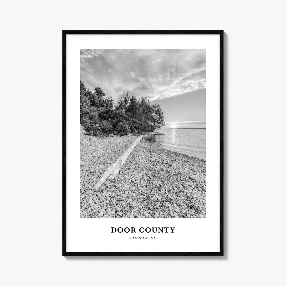 Door County black & white classic poster of Wisconsin, USA – vertical wall art, unframed print shown in interior mockup