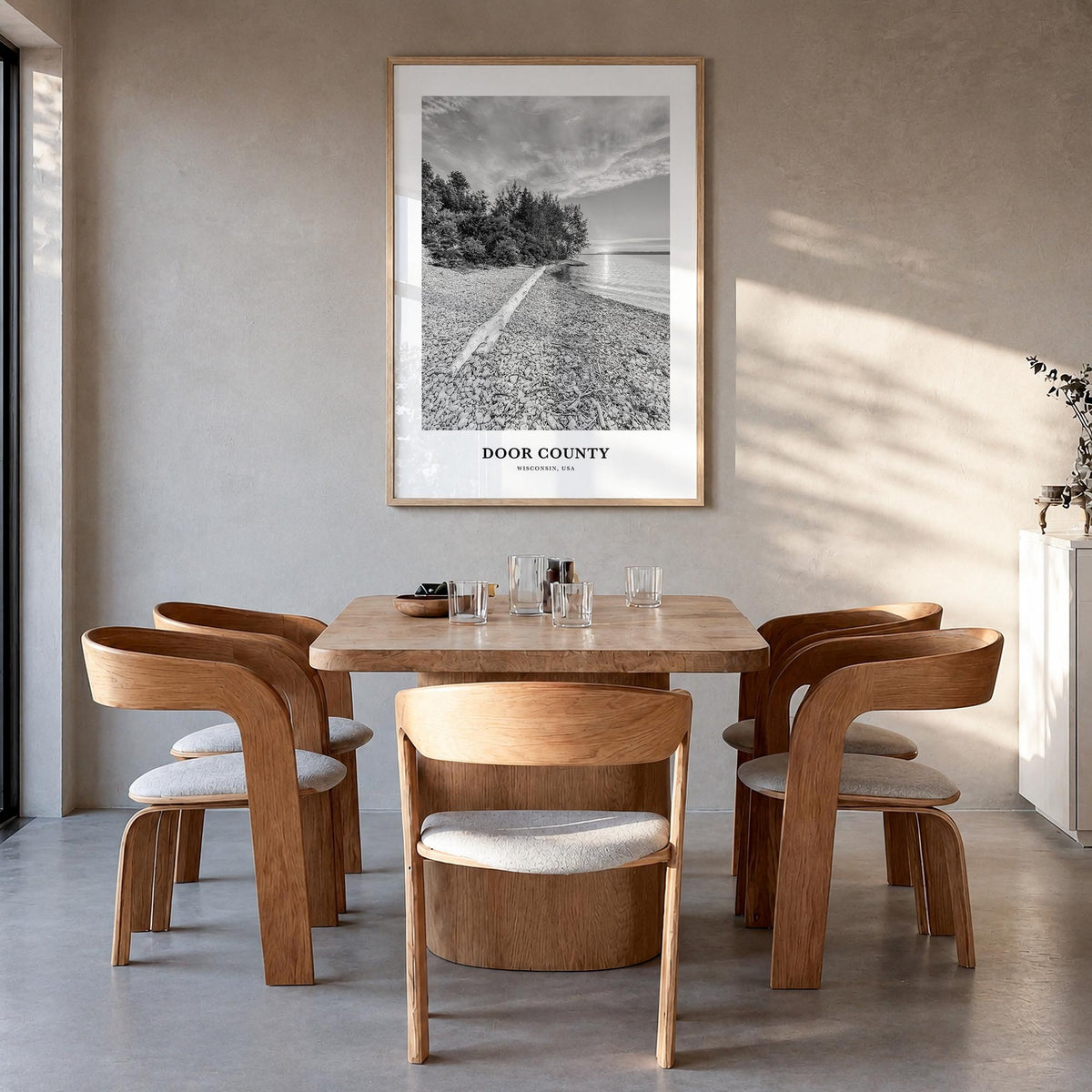 Door County black & white classic poster of Wisconsin, USA – vertical wall art in natural wood frame, hanging on wall