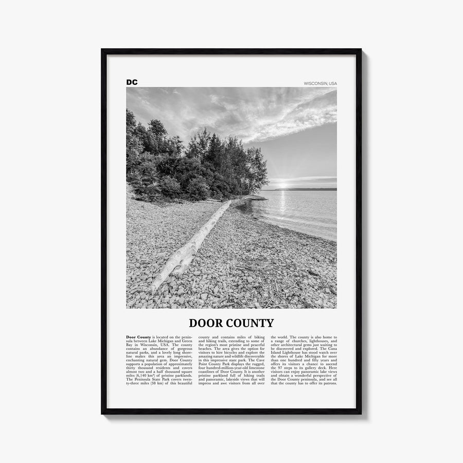 Door County black & white newspaper poster of Wisconsin, USA – vertical wall art, unframed print shown in interior mockup