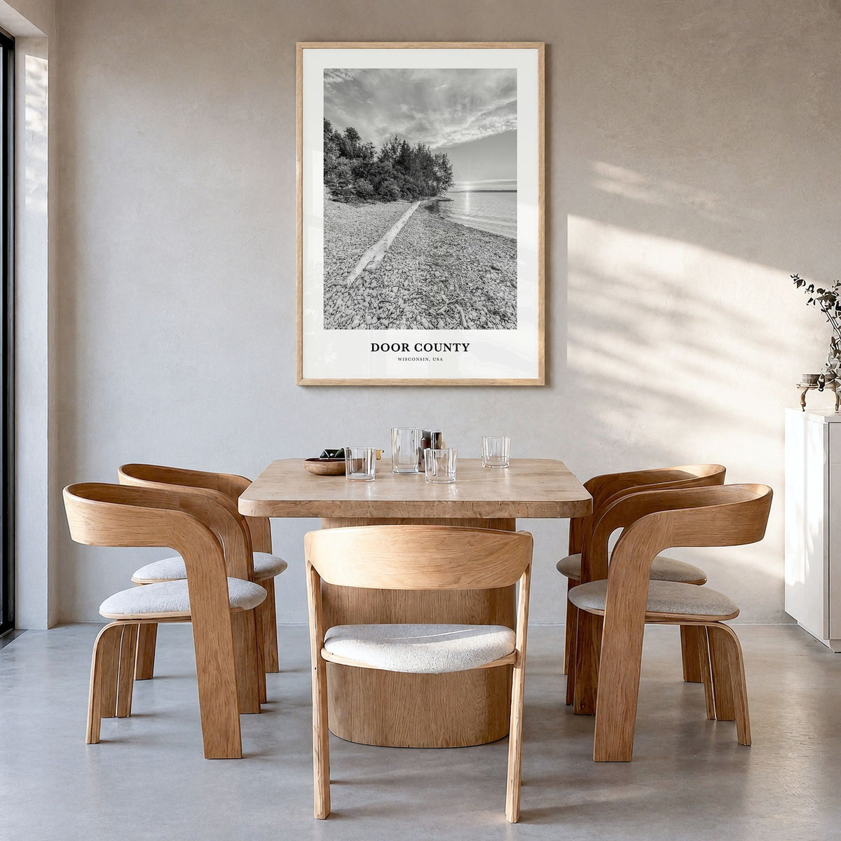 Door County Classic Poster in a natural wood frame, hanging in a dining room