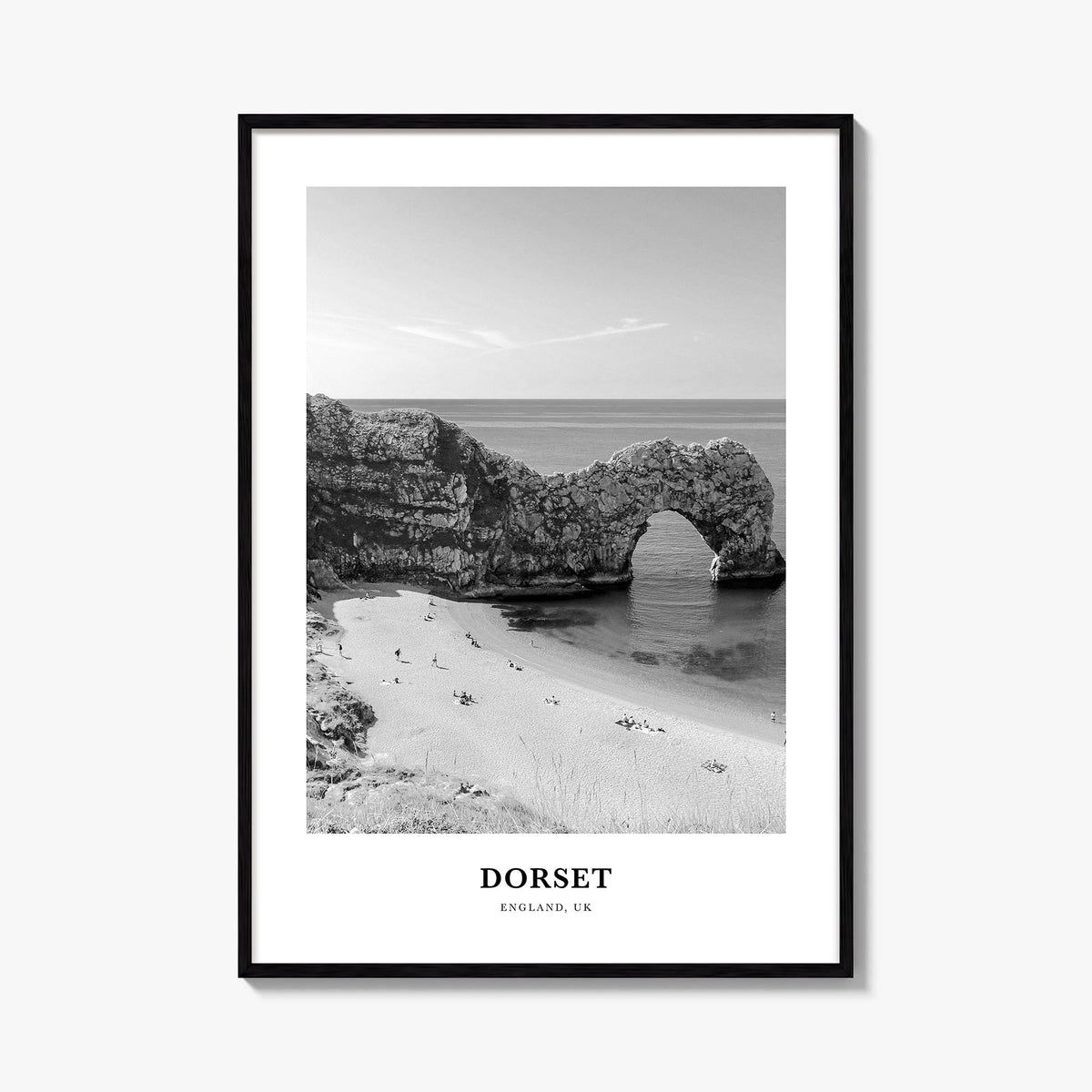 Dorset black & white classic poster of England, UK – vertical wall art, unframed print shown in interior mockup