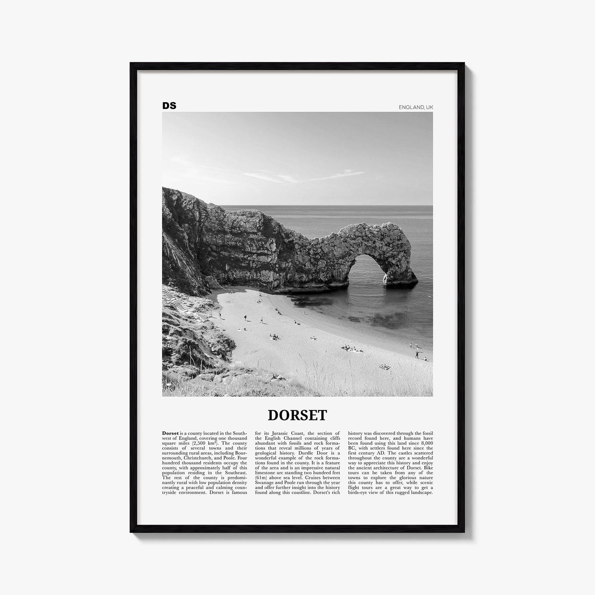Dorset black & white newspaper poster of England, UK – vertical wall art, unframed print shown in interior mockup