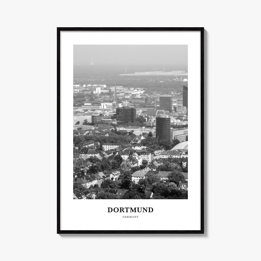Dortmund black & white classic poster of Germany – vertical wall art, unframed print shown in interior mockup
