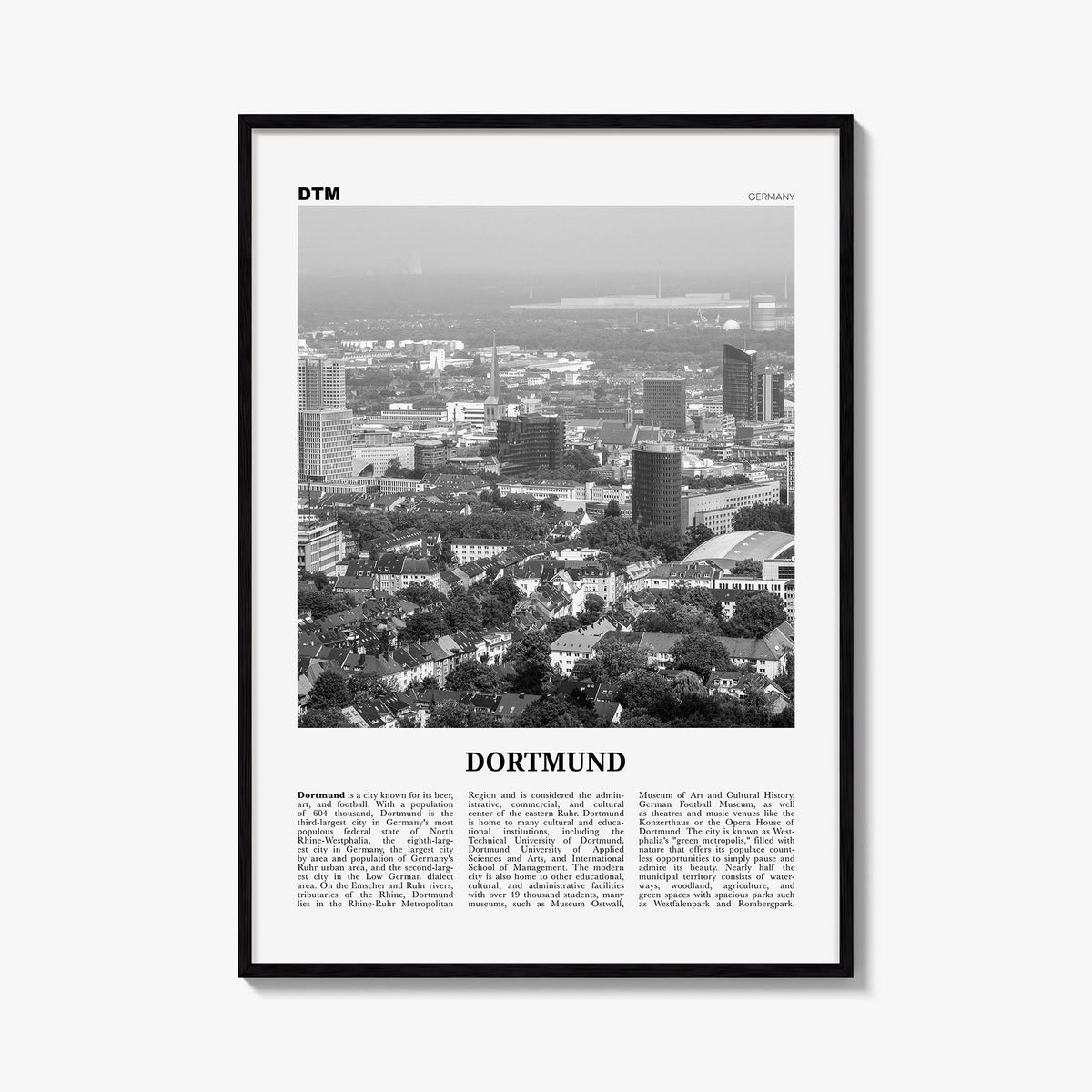 Dortmund black & white newspaper poster of Germany – vertical wall art, unframed print shown in interior mockup