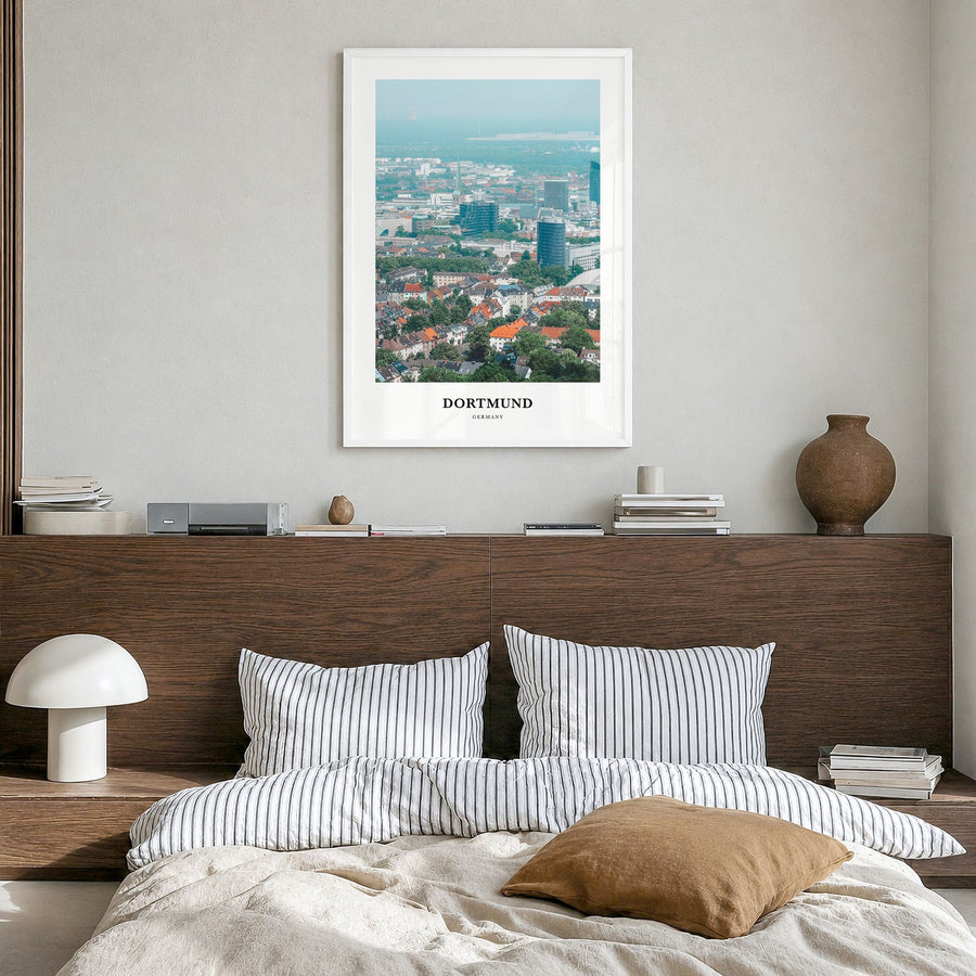 Dortmund Classic Poster in a white wood frame, hanging in a bedroom
