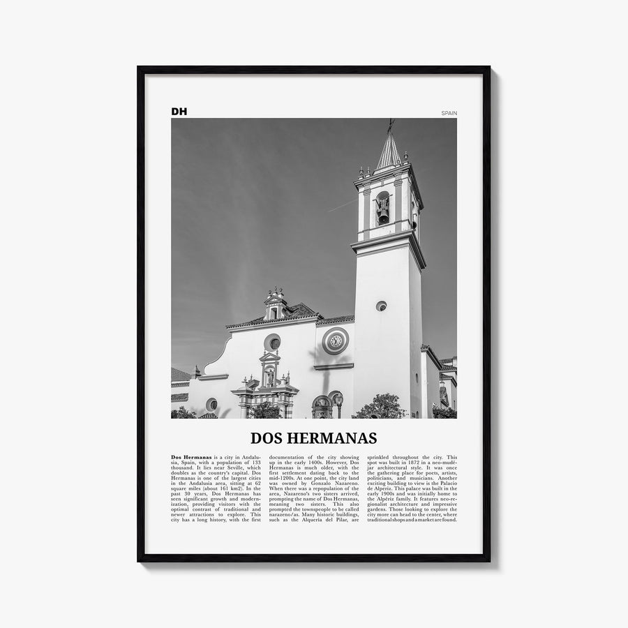 Dos Hermanas black & white newspaper poster of Spain – vertical wall art, unframed print shown in interior mockup