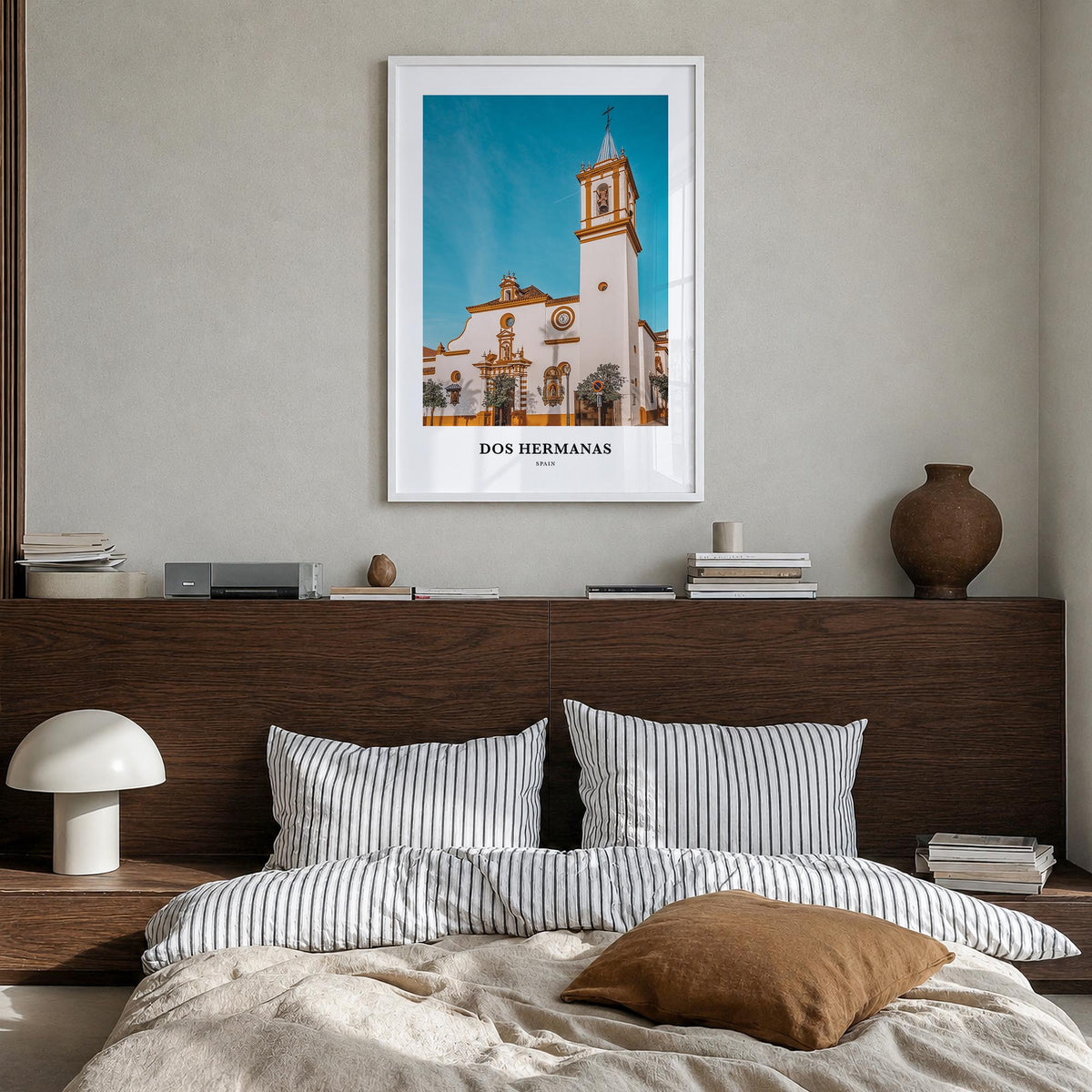 Dos Hermanas colorful classic poster of Spain – vertical wall art in white wood frame, hanging on wall