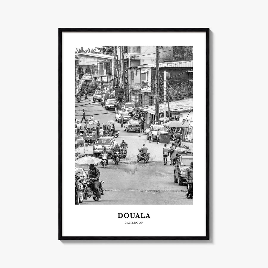 Douala black & white classic poster of Cameroon – vertical wall art, unframed print shown in interior mockup