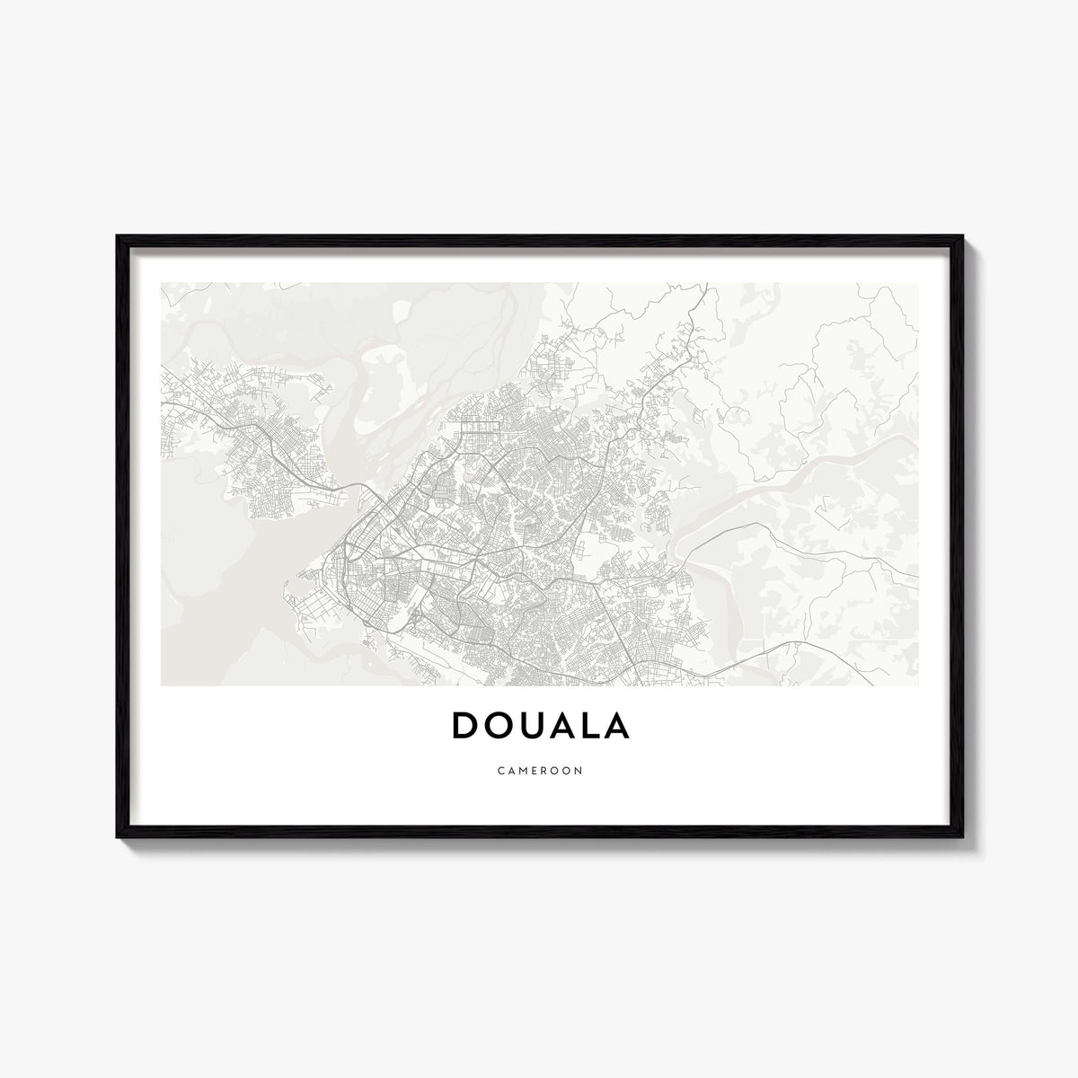 Douala black & white map poster of Cameroon – horizontal wall art, unframed print shown in interior mockup