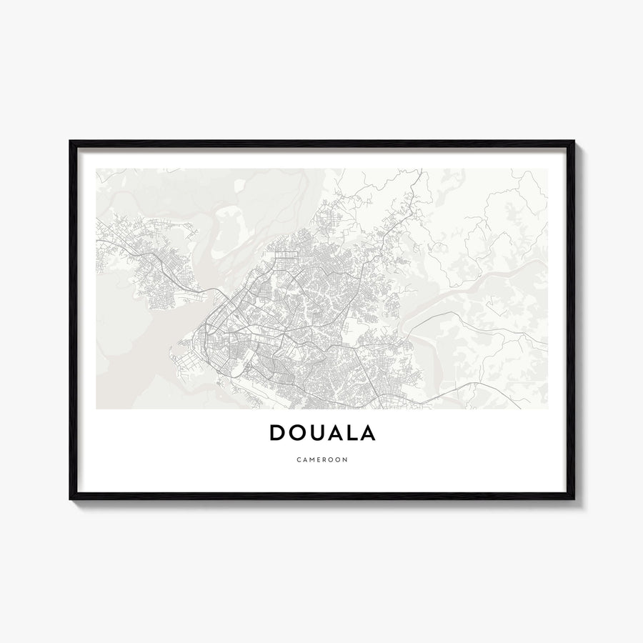 Douala black & white map poster of Cameroon – horizontal wall art, unframed print shown in interior mockup
