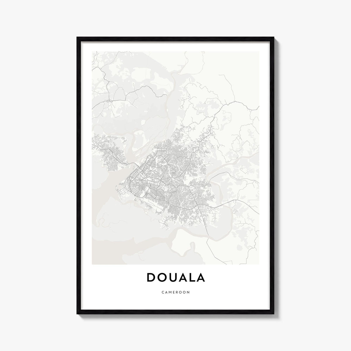 Douala black & white map poster of Cameroon – vertical wall art, unframed print shown in interior mockup