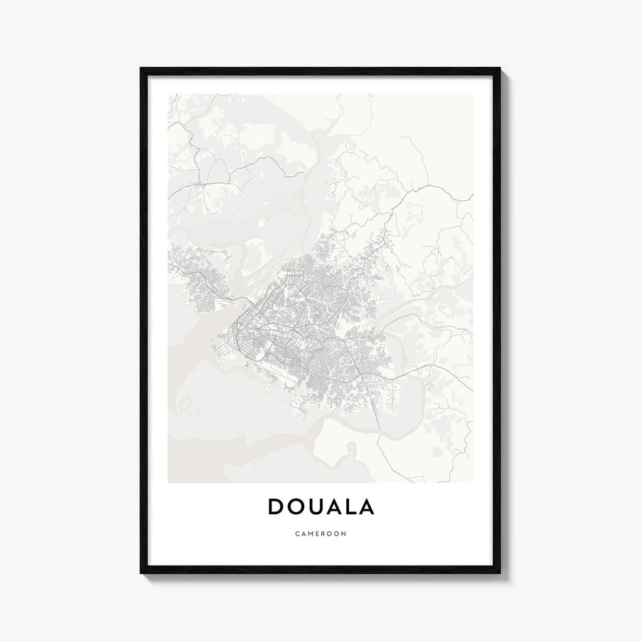 Douala black & white map poster of Cameroon – vertical wall art, unframed print shown in interior mockup