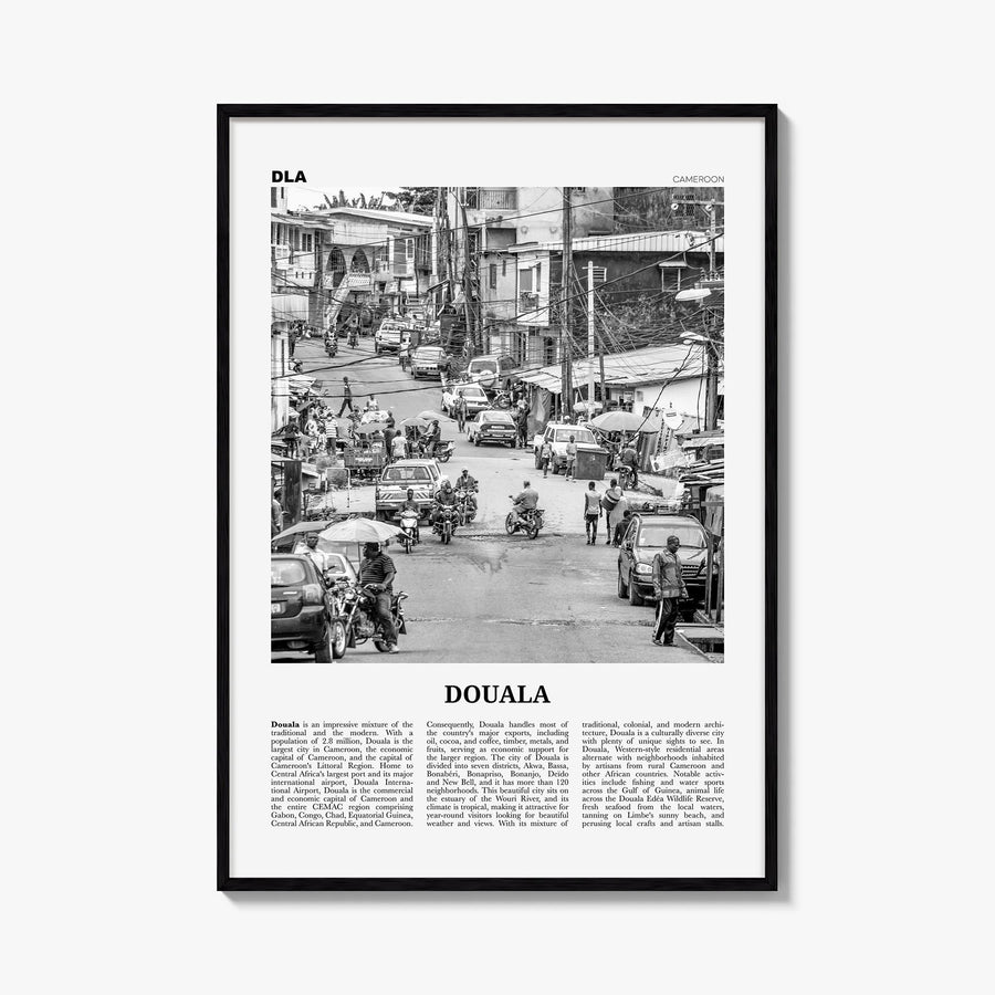 Douala black & white newspaper poster of Cameroon – vertical wall art, unframed print shown in interior mockup