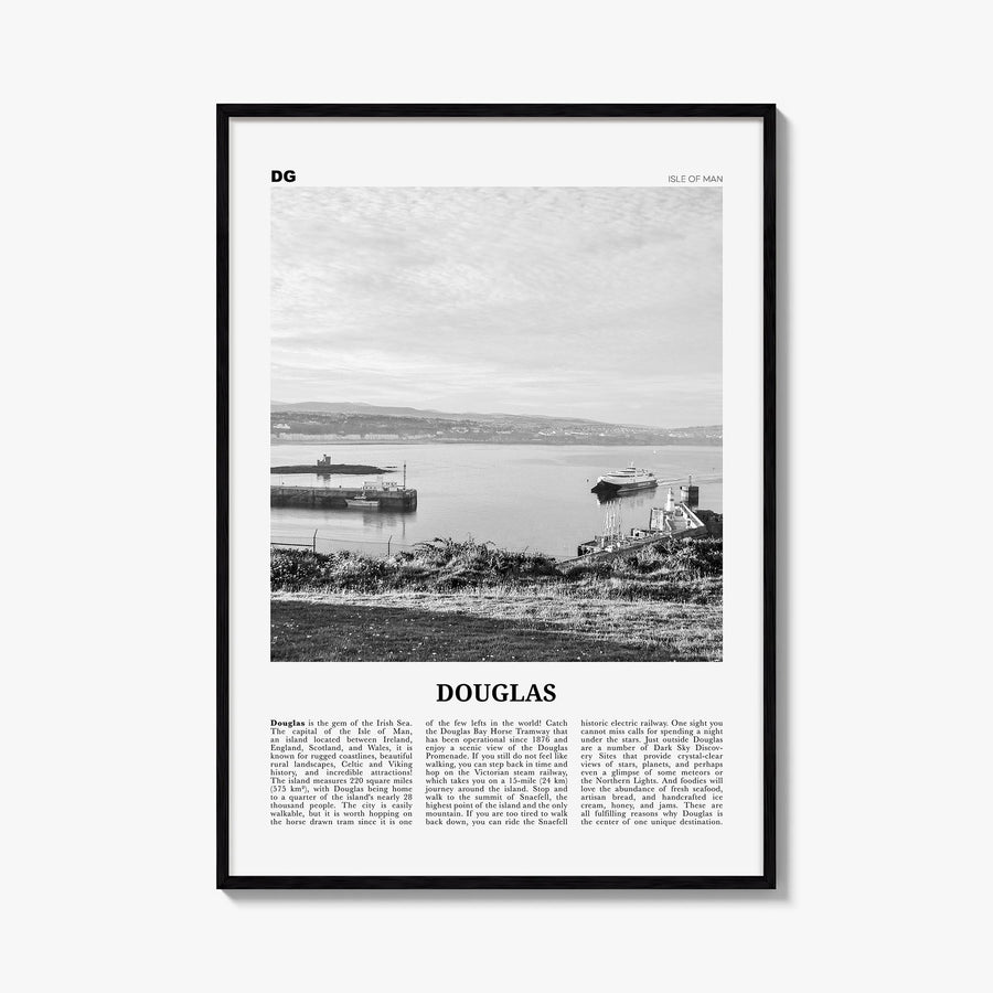 Douglas black & white newspaper poster of Ireland – vertical wall art, unframed print shown in interior mockup
