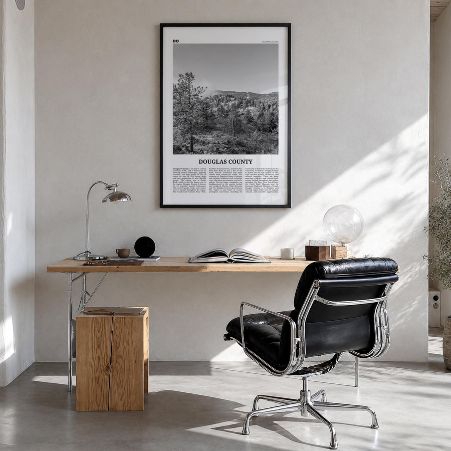 Douglas County black & white newspaper poster of Colorado, USA – vertical wall art in black wood frame, hanging on wall