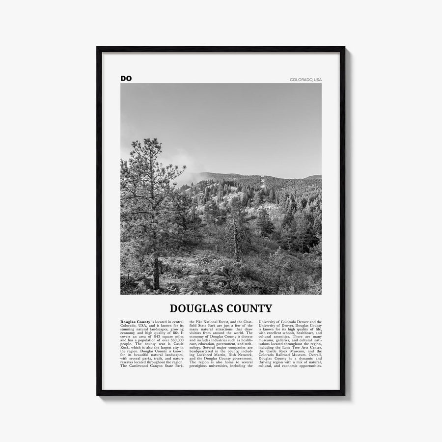 Douglas County black & white newspaper poster of Colorado, USA – vertical wall art, unframed print shown in interior mockup