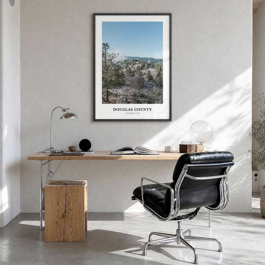 Douglas County, Colorado Classic Poster in a black wood frame, hanging in a bright home office