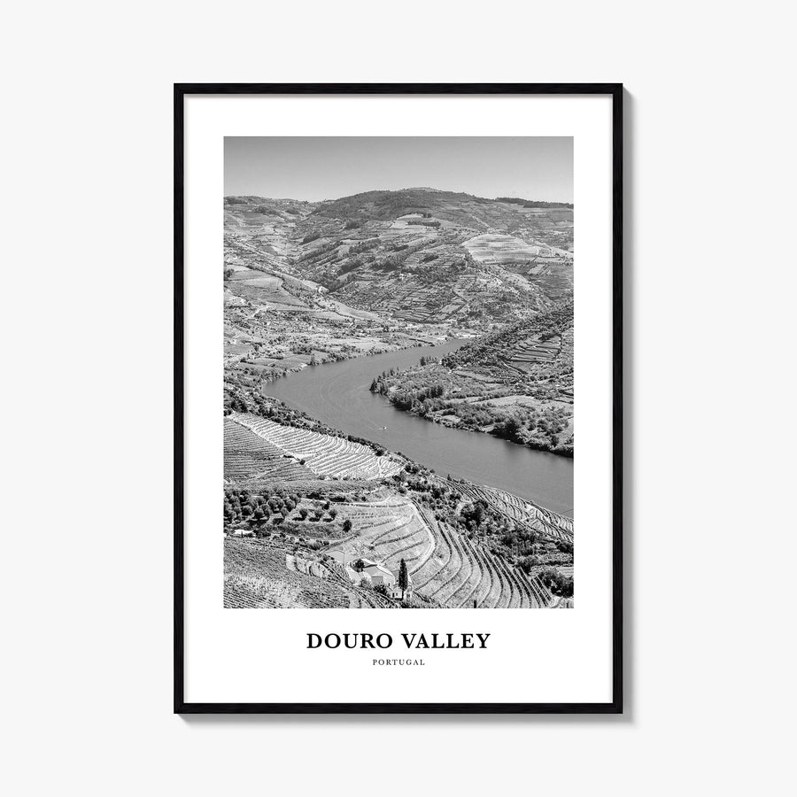 Douro Valley black & white classic poster of Portugal – vertical wall art, unframed print shown in interior mockup