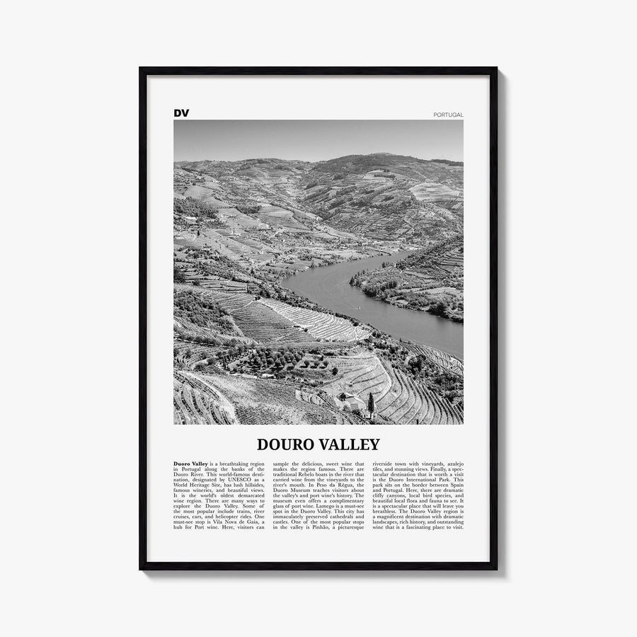 Douro Valley black & white newspaper poster of Portugal – vertical wall art, unframed print shown in interior mockup