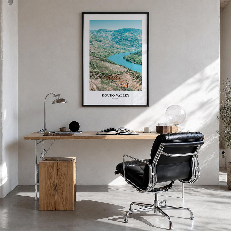 Douro Valley colorful classic poster of Portugal – vertical wall art in black wood frame, hanging on wall