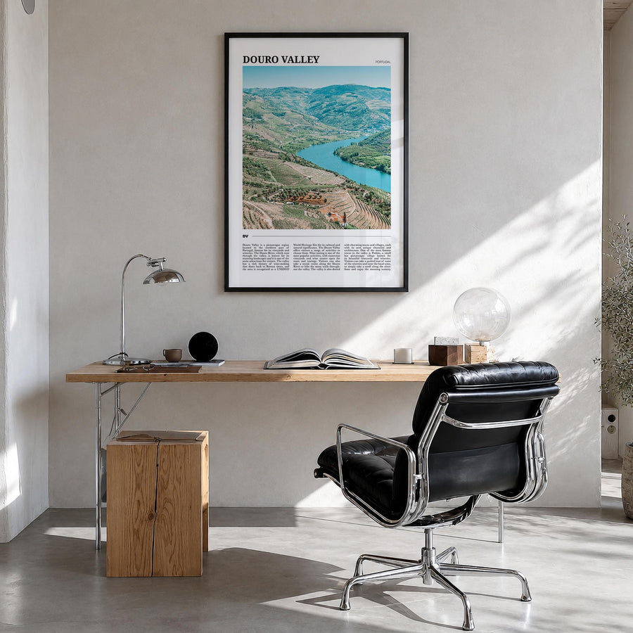 Douro Valley colorful travel poster of Portugal – vertical wall art in black wood frame, hanging on wall