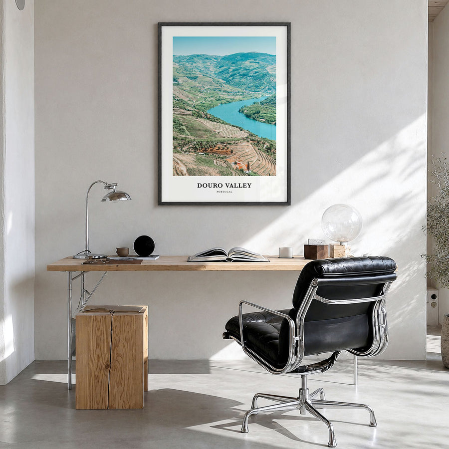 Douro Valley Classic Poster in a black wood frame, hanging in a bright home office