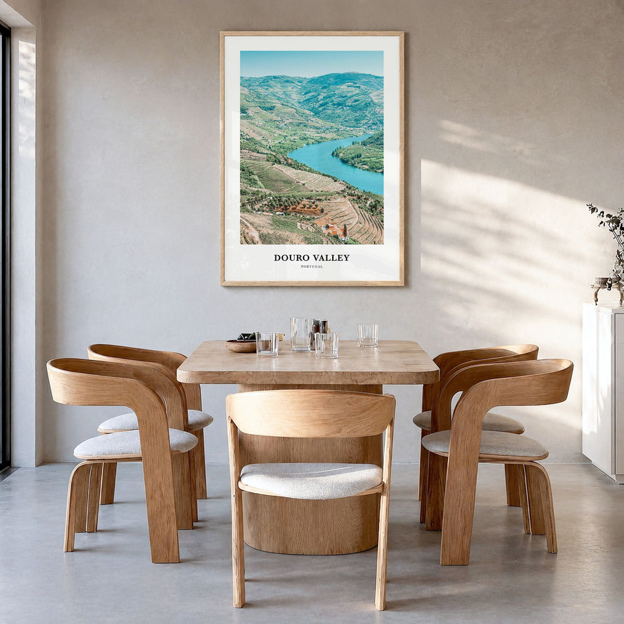 Douro Valley Classic Poster in a natural wood frame, hanging in a dining room