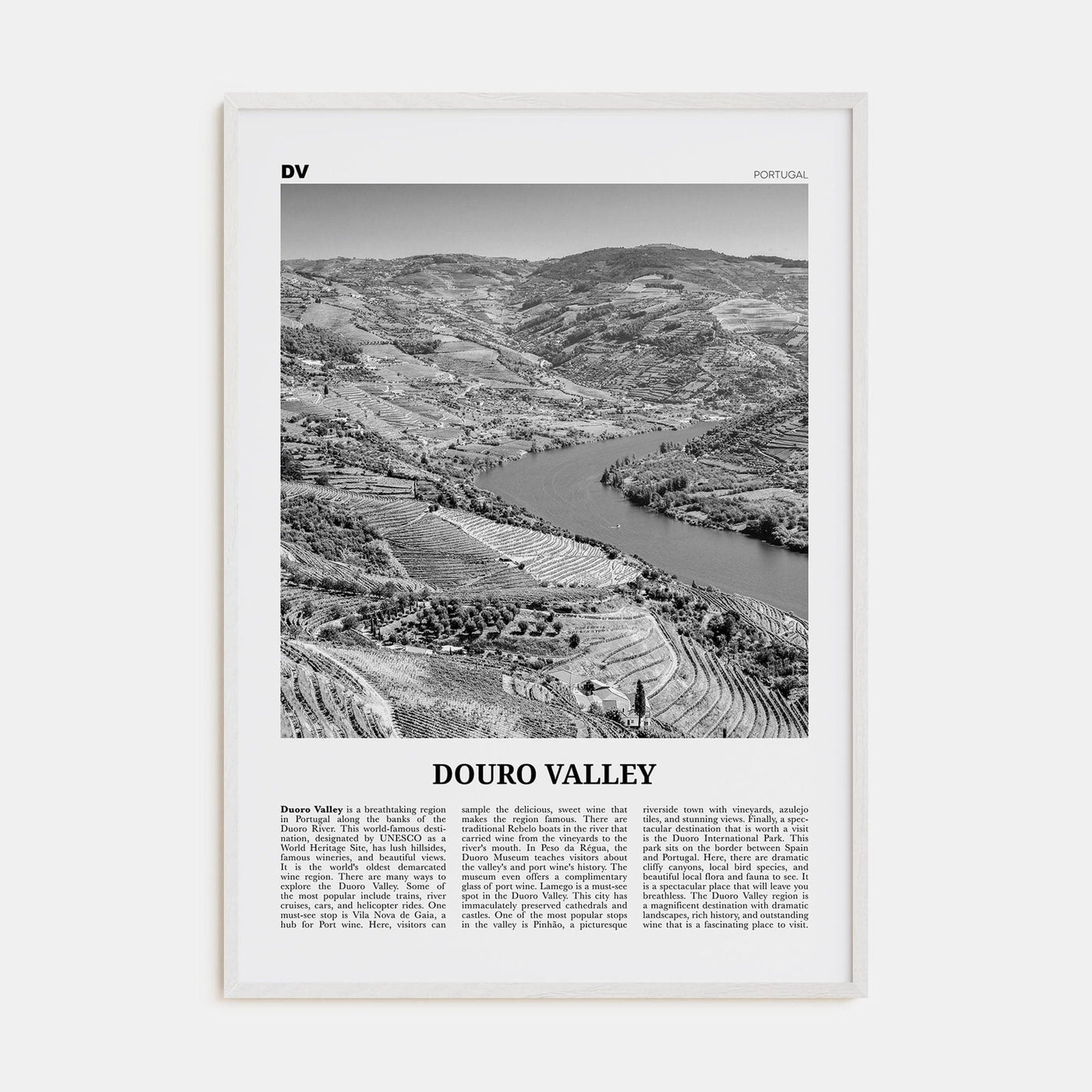 Douro Valley Poster White Wood / 8x12 in Nbourhood Travel B&W Poster