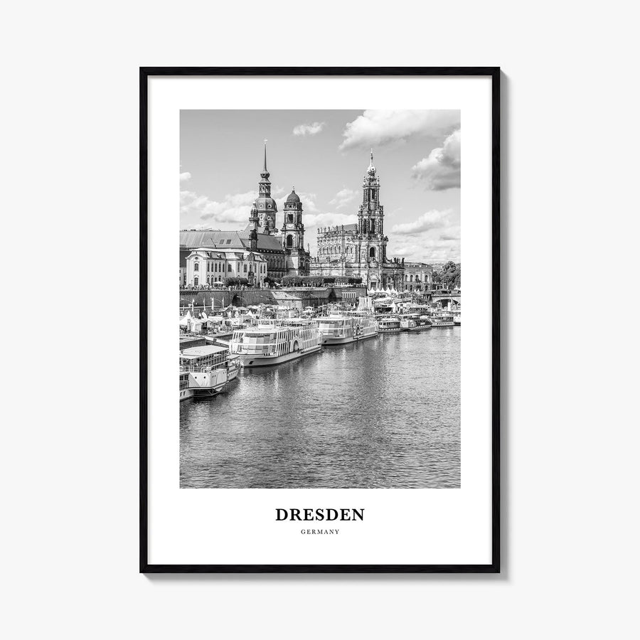 Dresden black & white classic poster of Germany – vertical wall art, unframed print shown in interior mockup
