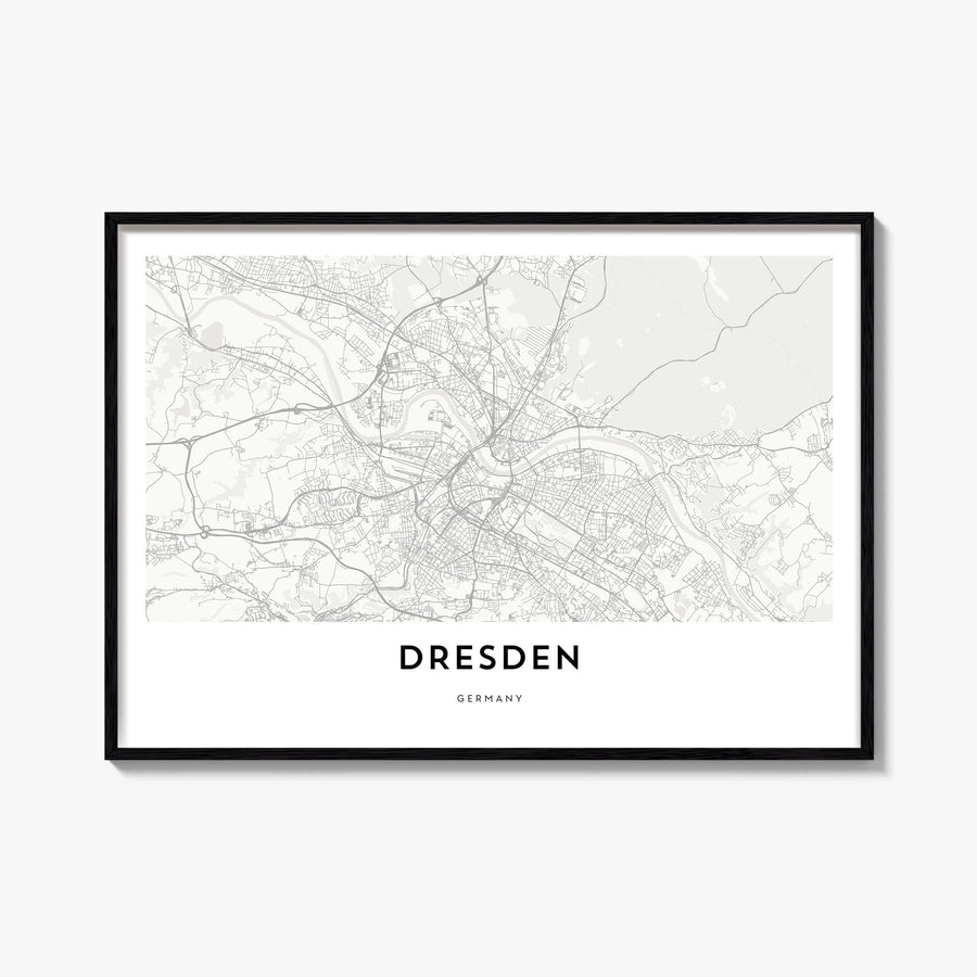 Dresden black & white map poster of Germany – horizontal wall art, unframed print shown in interior mockup