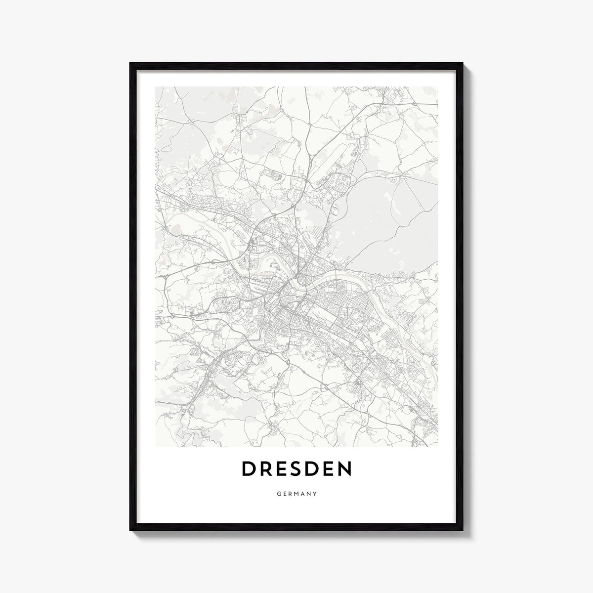 Dresden black & white map poster of Germany – vertical wall art, unframed print shown in interior mockup