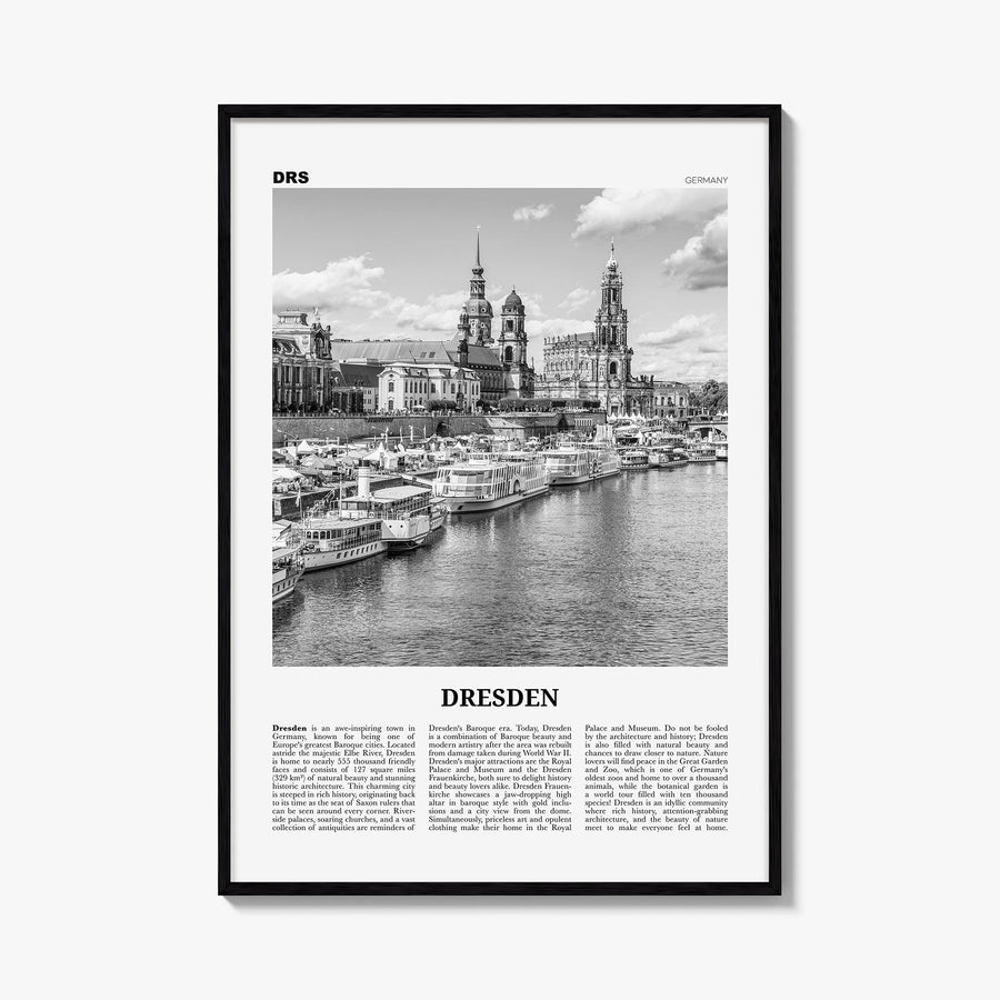 Dresden black & white newspaper poster of Germany – vertical wall art, unframed print shown in interior mockup