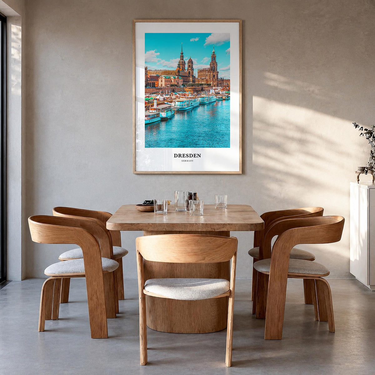 Dresden colorful classic poster of Germany – vertical wall art in natural wood frame, hanging on wall