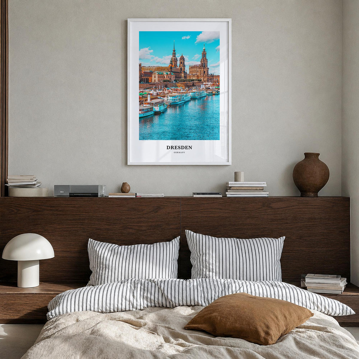 Dresden colorful classic poster of Germany – vertical wall art in white wood frame, hanging on wall