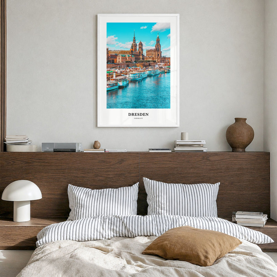 Dresden Classic Poster in a white wood frame, hanging in a bedroom