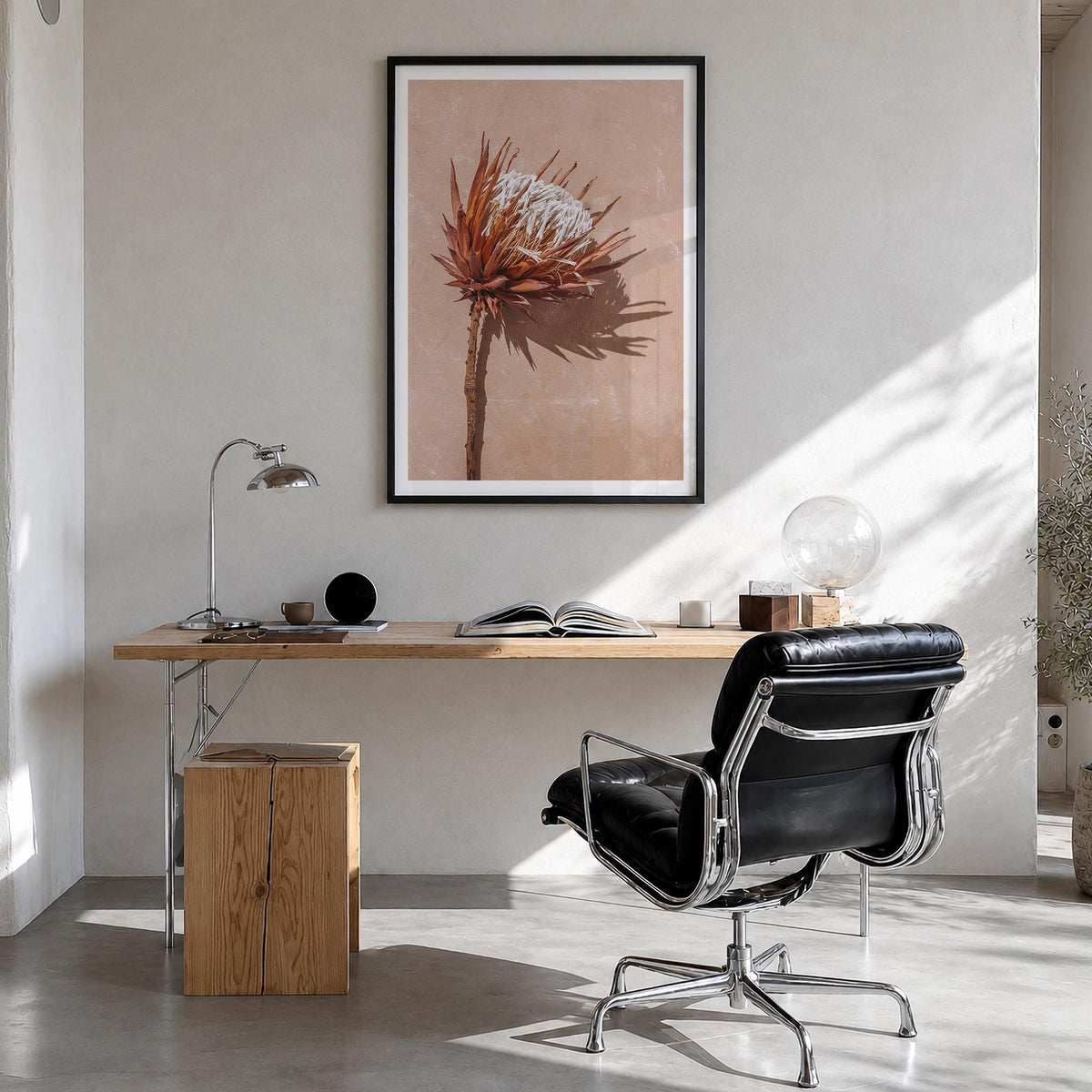 Dried Exotic Flower colorful photo poster – vertical wall art in black wood frame with white border, hanging on wall