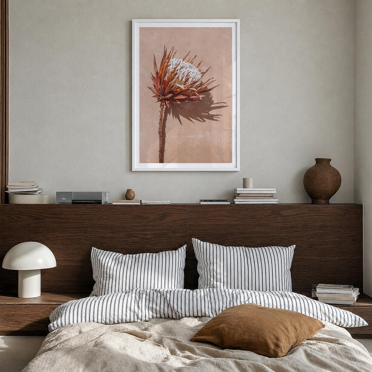 Dried Exotic Flower colorful photo poster – vertical wall art in white wood frame with white border, hanging on wall