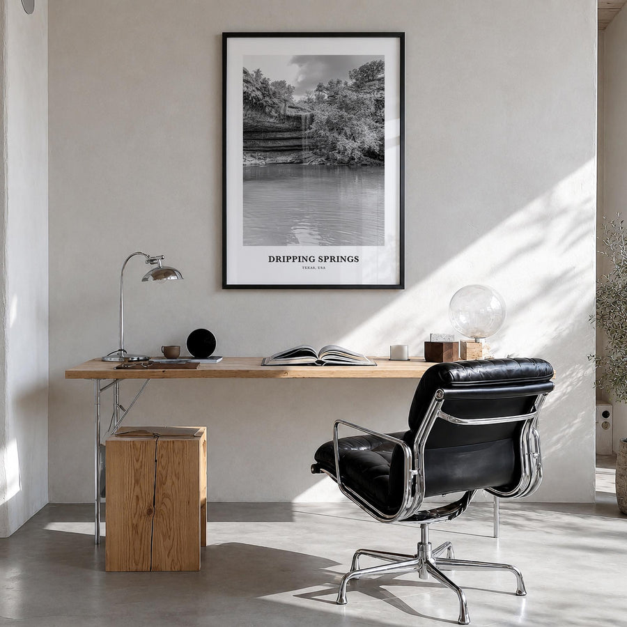 Dripping Springs black & white classic poster of Texas, USA – vertical wall art in black wood frame, hanging on wall