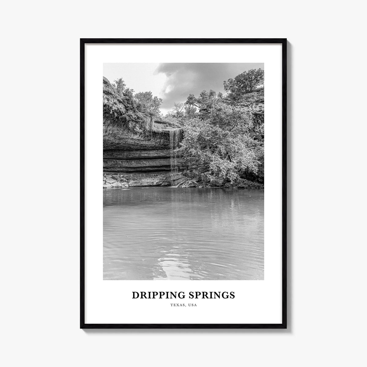 Dripping Springs black & white classic poster of Texas, USA – vertical wall art, unframed print shown in interior mockup