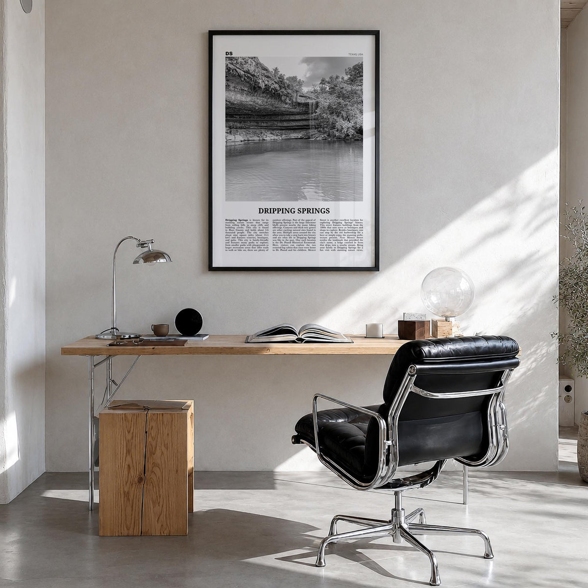 Dripping Springs black & white newspaper poster of Texas, USA – vertical wall art in black wood frame, hanging on wall