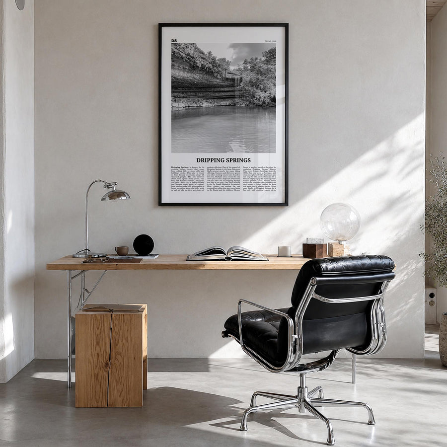Dripping Springs black & white newspaper poster of Texas, USA – vertical wall art in black wood frame, hanging on wall
