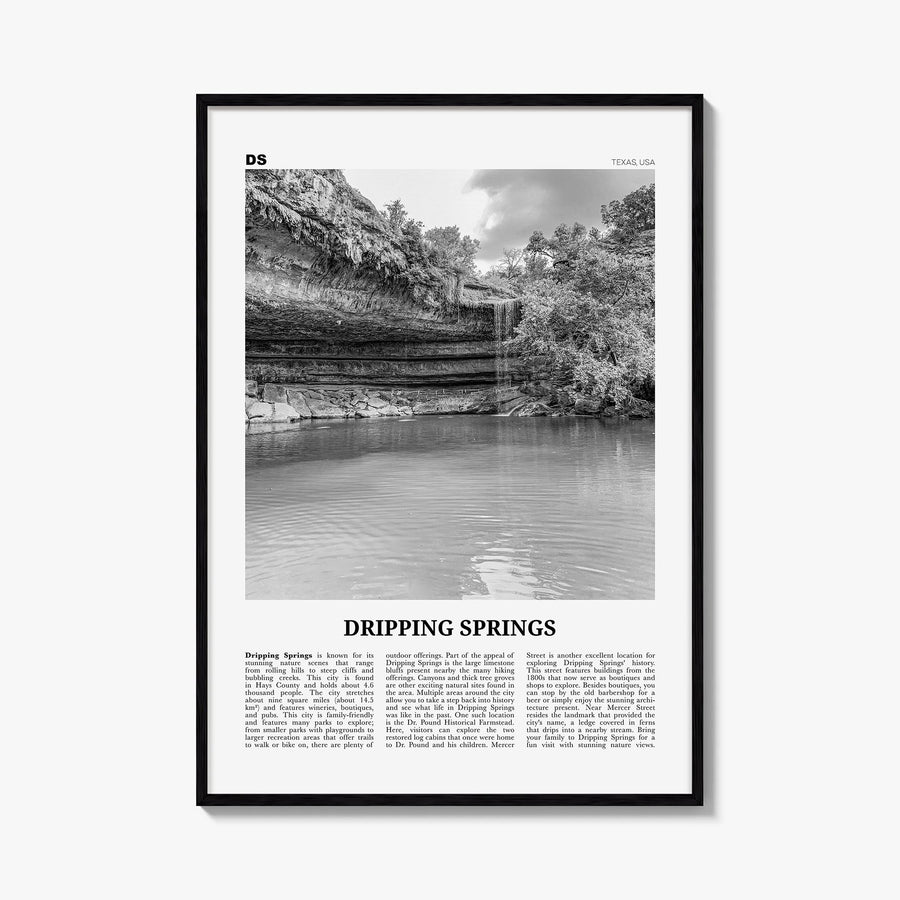 Dripping Springs black & white newspaper poster of Texas, USA – vertical wall art, unframed print shown in interior mockup