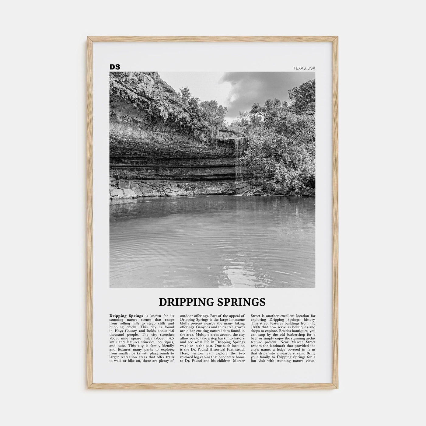 Dripping Springs Poster Natural Wood / 8x12 in Nbourhood Travel B&W Poster