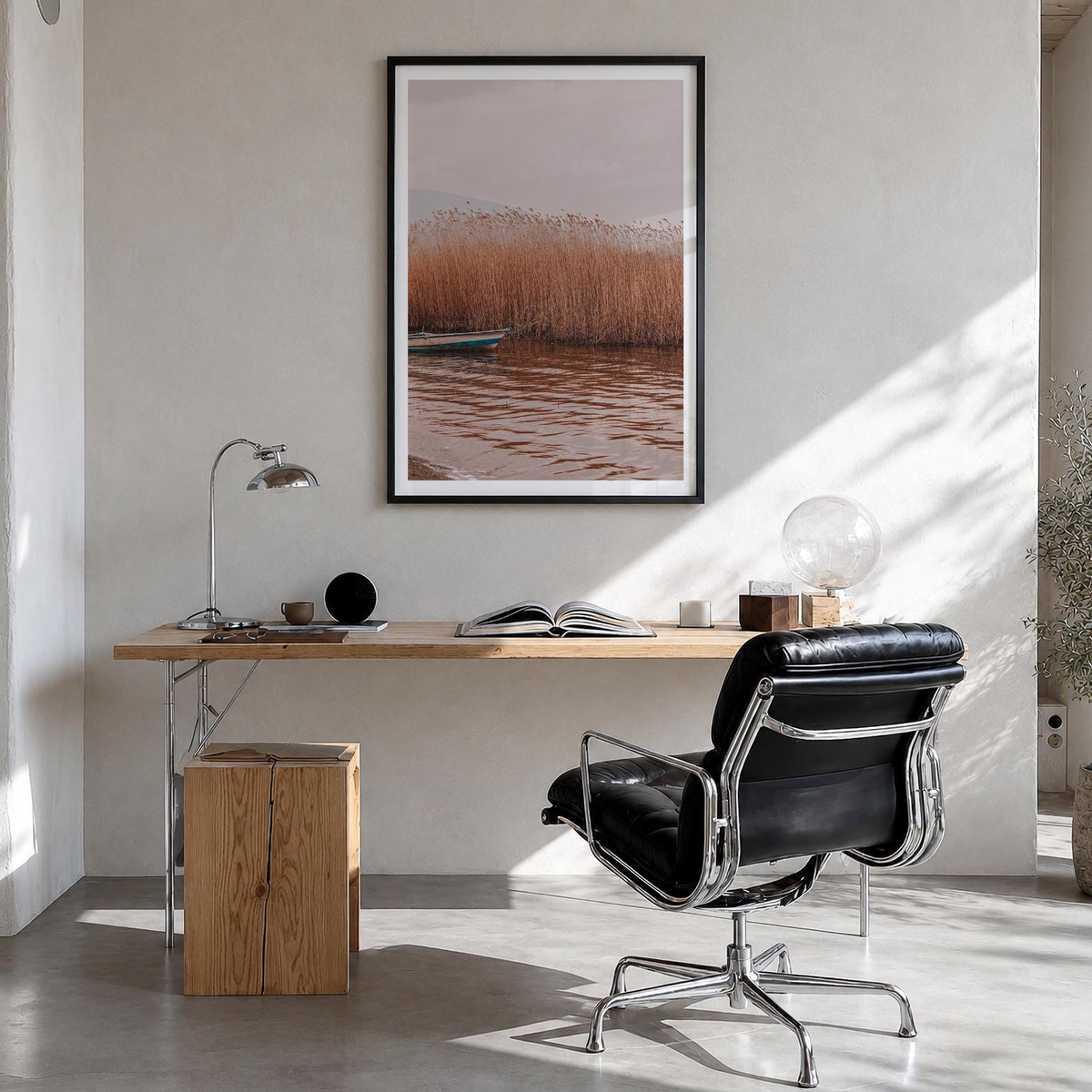 Dry Reed Lake colorful photo poster – vertical wall art in black wood frame with white border, hanging on wall