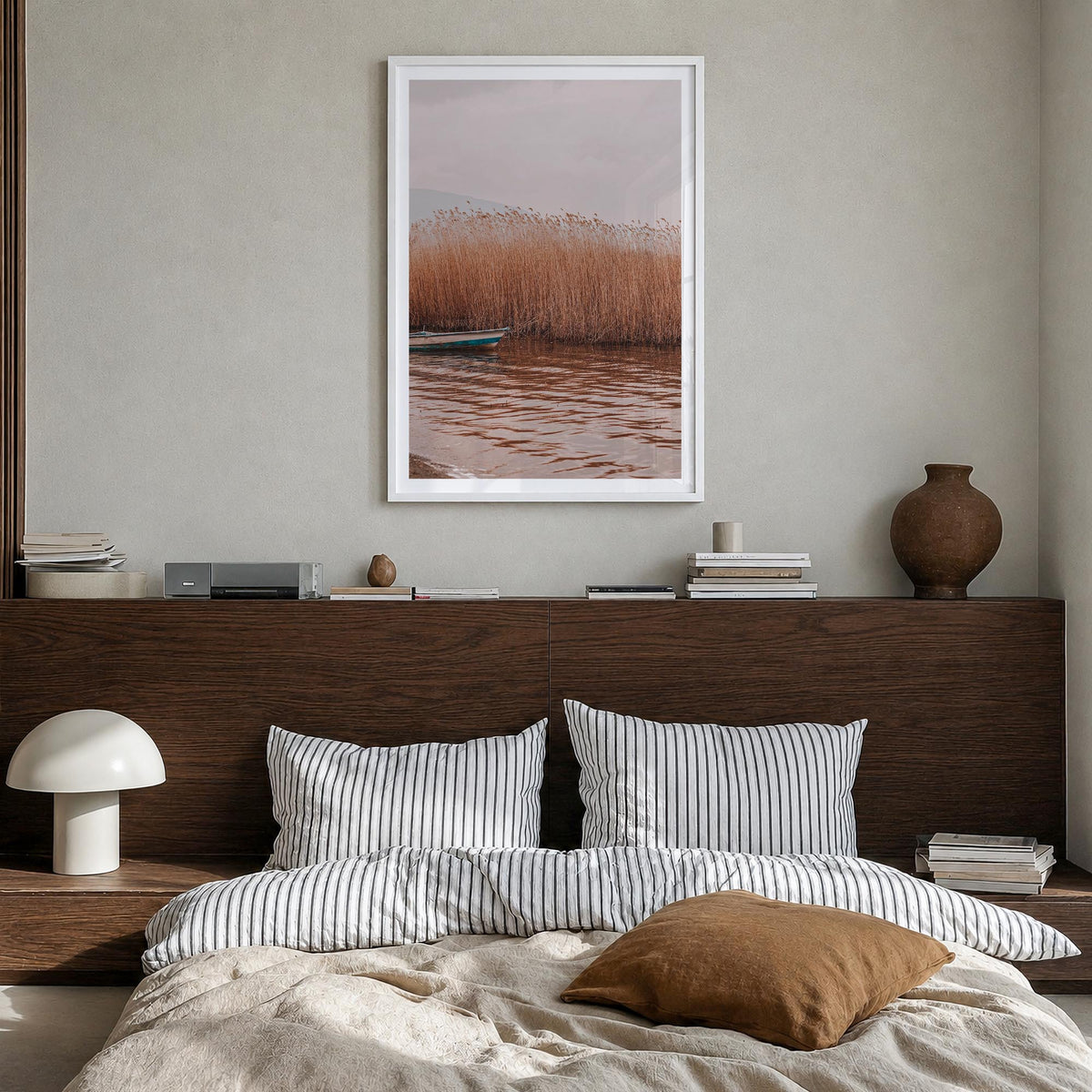 Dry Reed Lake colorful photo poster – vertical wall art in white wood frame with white border, hanging on wall