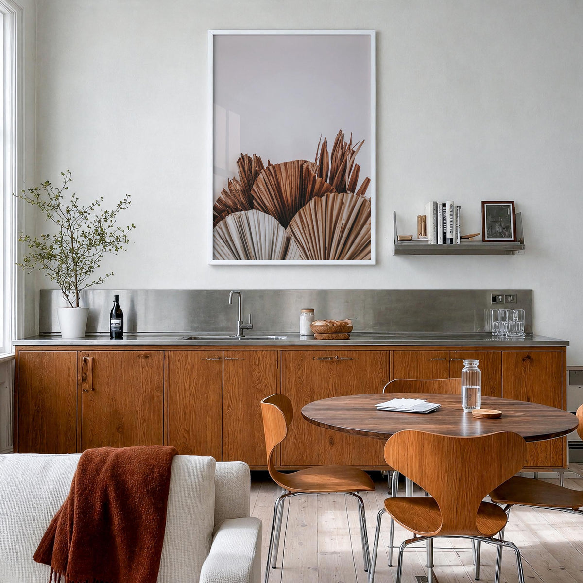Dry Tropical Palm Leaf no. 2 colorful photo poster – vertical wall art in white wood frame, hanging on wall