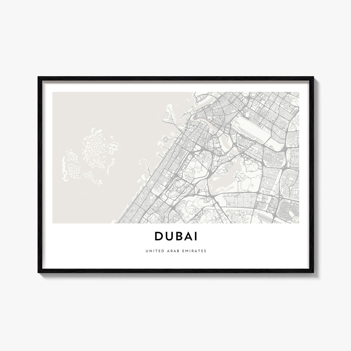 Dubai black & white map poster of United Arab Emirates – horizontal wall art, unframed print shown in interior mockup