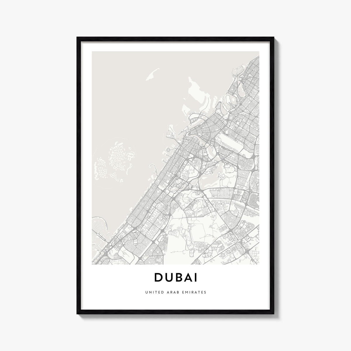 Dubai black & white map poster of United Arab Emirates – vertical wall art, unframed print shown in interior mockup