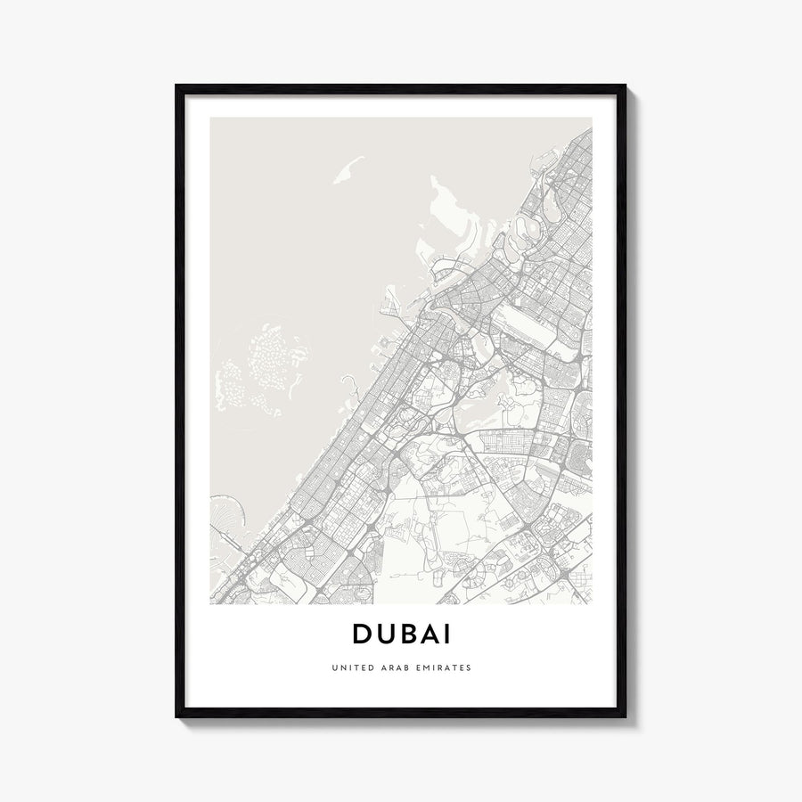 Dubai black & white map poster of United Arab Emirates – vertical wall art, unframed print shown in interior mockup